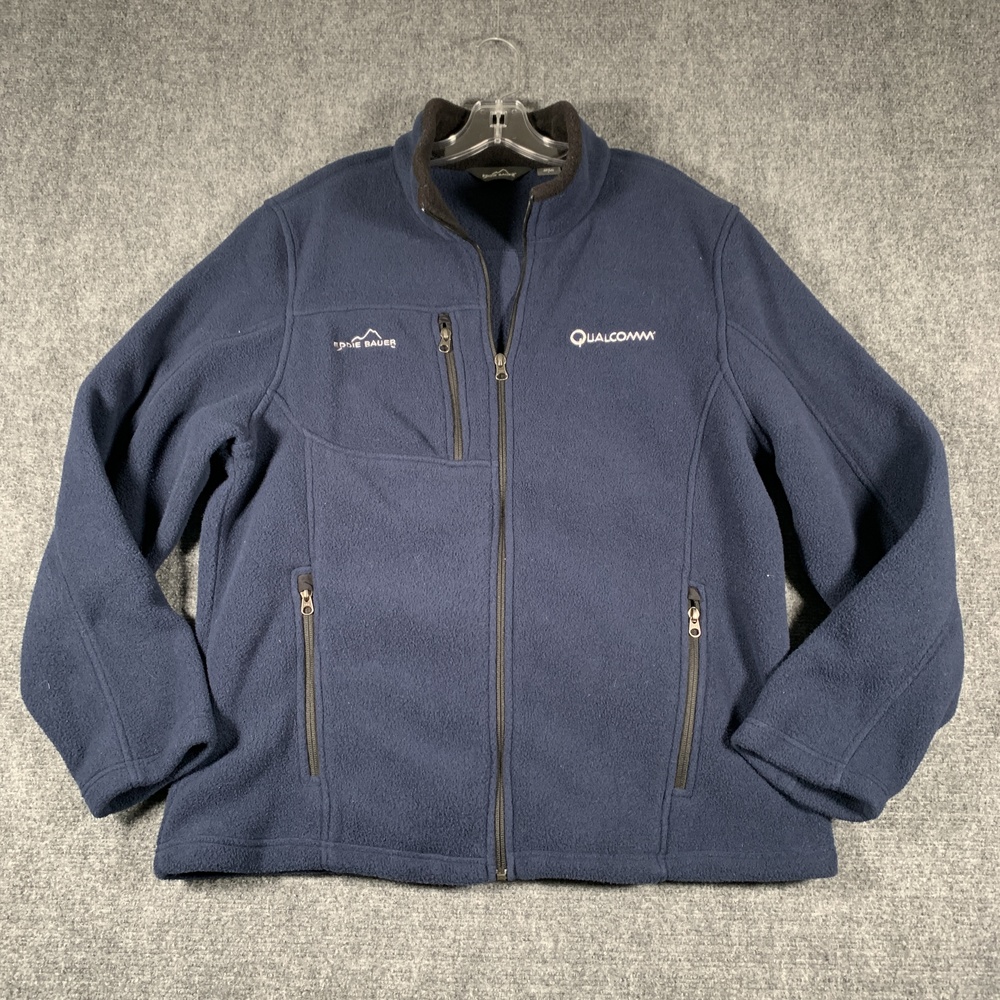 Eddie Bauer Jacket Mens Large Blue Fleece Full Zip Qualcomm Logo Outdoor EB200